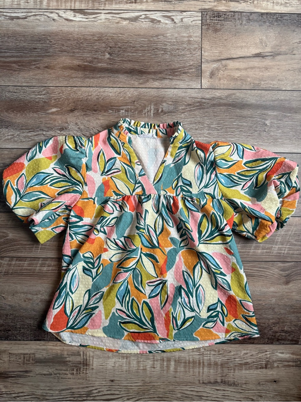 THML Multicolor Leaf Print Puff Sleeve Blouse